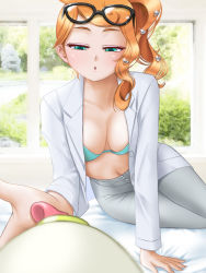 Rule 34 | 1girl, :o, bed, bed sheet, bedroom, belly, bra, breasts, buttons, cleavage, coat, collarbone, creatures (company), crop top, female focus, game freak, gen 8 pokemon, glasses, glasses on head, grass, green bra, green eyes, hadairo rainbow, hair ornament, hairpin, half-closed eyes, heart, heart hair ornament, highres, lab coat, large breasts, licking, licking hand, looking down, navel, nintendo, on bed, open mouth, orange hair, pants, pokemon, pokemon swsh, ponytail, sidelocks, skirt, smile, solo focus, sonia (pokemon), stomach, swept bangs, teal bra, tongue, underwear, unworn shirt, white coat, window, yamper