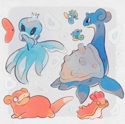 Rule 34 | animal focus, black eyes, closed mouth, commentary request, creatures (company), closed eyes, fangs, fangs out, frillish, frillish (male), game freak, gen 1 pokemon, gen 3 pokemon, gen 4 pokemon, gen 5 pokemon, highres, horsea, lapras, luvdisc, nintendo, no humans, pokemon, pokemon (creature), red eyes, shellos, slowpoke, smile, unitako (unitacowow)