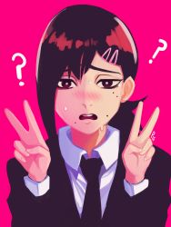 Rule 34 | 1girl, ?, black eyes, black hair, blush, business suit, chainsaw man, collared shirt, formal, hair between eyes, hair ornament, hairclip, higashiyama kobeni, highres, long sleeves, looking at viewer, medium hair, mole, mole under eye, mole under mouth, necktie, open mouth, shirt, short hair, short ponytail, simple background, solo, suit, sweat, unusualpie, v, white shirt