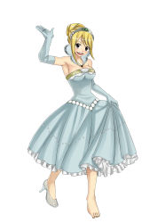 Rule 34 | 1girl, barefoot, blonde hair, brown eyes, diadem, dress, elbow gloves, fairy tail, full body, gloves, highres, looking at viewer, lucy heartfilia, open mouth, shoes, simple background, single shoe, solo, strapless, strapless dress, white background, xsorax812