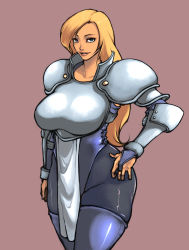 Rule 34 | 1girl, armor, blonde hair, blue eyes, blue pantyhose, blue thighhighs, breastplate, breasts, bridal gauntlets, curvy, hand on own hip, janne d&#039;arc, large breasts, leotard, lips, long hair, looking at viewer, pantyhose, pauldrons, pink background, rennes, shoulder armor, simple background, smile, snk, solo, tabard, thighhighs, thighhighs over pantyhose, vambraces, world heroes