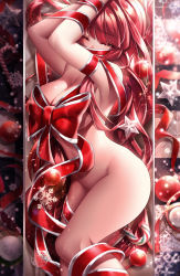 Rule 34 | 1girl, absurdres, arms up, been, bow, breasts, cleavage, closed eyes, cloth gag, elesis (elsword), elsword, gag, highres, improvised gag, large breasts, long hair, lying, naked ribbon, on side, red bow, red hair, red ribbon, restrained, ribbon, sideboob, snowflakes, solo, tears, very long hair