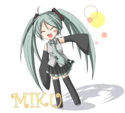 Rule 34 | aqua hair, bad id, bad pixiv id, blush, chibi, detached sleeves, closed eyes, happy, haruhi ayame, hatsune miku, long hair, necktie, open mouth, skirt, solo, thighhighs, twintails, very long hair, vocaloid, zettai ryouiki