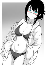 Rule 34 | 1girl, absurdres, bikini, black bikini, black hair, blue eyes, blush, breasts, cleavage, grey background, gridman universe, hair up, hands in pockets, hassu, highres, jacket, long sleeves, looking at viewer, mask, medium breasts, navel, pale skin, sidelocks, solo, ssss.gridman, swimsuit, the only shoe