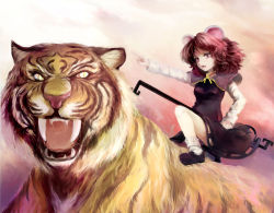 Rule 34 | 1girl, animal ears, brown hair, childofa, dowsing rod, female focus, gradient background, mouse tail, nazrin, red eyes, short hair, solo, tail, tiger, touhou