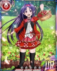 Rule 34 | 10s, 1girl, ahoge, arm up, black thighhighs, bracelet, card (medium), food, fruit, hairband, jewelry, long hair, looking at viewer, neck ribbon, open mouth, outdoors, pointy ears, purple hair, red eyes, red hairband, red ribbon, red skirt, ribbon, shirt, skirt, solo, star (symbol), sword art online, thighhighs, white shirt, yuuki (sao), zettai ryouiki