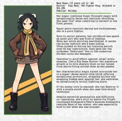 Rule 34 | 10s, 1girl, animal ears, black hair, boots, brave witches, character profile, english text, gloves, kanno naoe, scarf, shimada fumikane, solo, standing, strike witches, striped clothes, striped scarf, world witches series