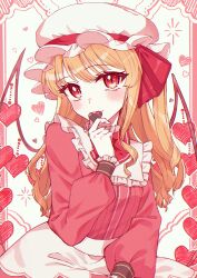 Rule 34 | 1girl, absurdres, bat wings, blonde hair, blush, candy, chocolate, chocolate heart, cowboy shot, dress, flandre scarlet, food, frills, hat, heart, highres, long hair, looking at viewer, mob cap, nano popo02, red dress, red eyes, red ribbon, ribbon, side ponytail, sitting, solo, touhou, wings
