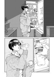 Rule 34 | 1girl, ame to kimi to, bottle, comic, drinking, faucet, greyscale, highres, holding, holding bottle, looking at viewer, monochrome, nikaidou kou, pajamas, refrigerator, short hair, sink, translation request, upper body, water bottle