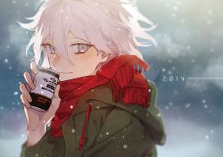 Rule 34 | 1boy, black coat, blush, breath, can, closed mouth, coat, commentary request, danganronpa (series), danganronpa 2: goodbye despair, day, drawstring, grey eyes, hair between eyes, holding, holding can, io (sinking=carousel), komaeda nagito, light smile, long sleeves, looking at viewer, male focus, nose blush, red scarf, scarf, snowing, solo, sunlight, upper body, white hair