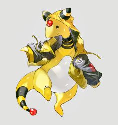 Rule 34 | ampharos, closed mouth, clothed pokemon, creatures (company), drawstring, forehead jewel, full body, game freak, gen 2 pokemon, grey background, happy, hood, hoodie, jacket, leg up, lightning bolt symbol, long sleeves, newo (shinra-p), nintendo, no humans, open clothes, open jacket, pokemon, pokemon (creature), shiny skin, simple background, sleeves past wrists, smile, solo, standing, standing on one leg, yellow jacket
