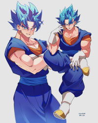 Rule 34 | 1boy, blue eyes, blue hair, blue sash, boots, commentary request, dougi, dragon ball, dragon ball super, earrings, figure four sitting, grey background, grin, hand up, highres, invisible chair, jewelry, looking at viewer, looking to the side, male focus, multiple views, open mouth, pectoral cleavage, pectorals, potara earrings, sash, simple background, sitting, smile, spiked hair, standing, super saiyan, super saiyan blue, vegetto, white footwear, zero-go
