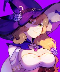 Rule 34 | 1girl, benzbt, blonde hair, breasts, cleavage, genshin impact, gloves, green eyes, hat, highres, jewelry, large breasts, light smile, lisa (genshin impact), looking at viewer, purple hat, solo, witch hat