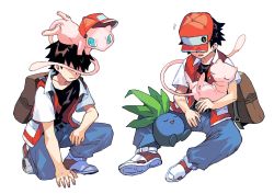 Rule 34 | 1boy, backpack, badge, bag, baseball cap, belt, belt buckle, black hair, black shirt, brown bag, buckle, buttons, closed mouth, clothed pokemon, collarbone, commentary request, creatures (company), game freak, gen 1 pokemon, hat, highres, jacket, kneeling, legendary pokemon, male focus, mew (pokemon), mythical pokemon, newo (shinra-p), nintendo, oddish, on head, open clothes, open jacket, pants, pokemon, pokemon (creature), pokemon on head, pokemon rgby, red (pokemon), shirt, shoes, short sleeves, spread legs