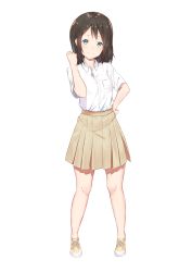 Rule 34 | 1girl, arm up, blue eyes, breast pocket, brown hair, closed mouth, commentary request, full body, grayfox, hand on own hip, highres, light brown skirt, long hair, no socks, pleated skirt, pocket, shirt, shoes, short sleeves, simple background, skirt, small eyes, sneakers, solo, white background, white shirt, yellow footwear