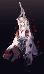 Rule 34 | 1girl, arms up, black thighhighs, blue skirt, boots, breasts, chamnaitu, closed mouth, dress, gloves, grey eyes, grey gloves, grey hair, hair between eyes, high heel boots, high heels, highres, holding, holding sword, holding weapon, looking at viewer, petals, sidelocks, sinoalice, skirt, small breasts, snow white (sinoalice), solo, sword, thigh boots, thighhighs, weapon, white dress