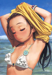 Rule 34 | 1girl, absurdres, armpits, arms up, bikini, black hair, blue eyes, blue sky, bracelet, breasts, closed mouth, clothes lift, day, eyebrows, forehead, frilled bikini, frills, half-closed eyes, highres, horizon, jewelry, light smile, long hair, murata range, non-web source, original, outdoors, scan, shirt lift, sky, small breasts, solo, swimsuit, undressing, upper body, white bikini