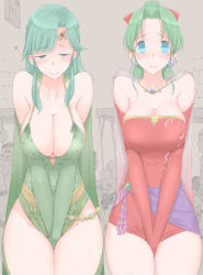 Rule 34 | 2girls, bad id, bad pixiv id, bare shoulders, blue eyes, blush, breasts, cleavage, covering crotch, covering privates, final fantasy, final fantasy iv, final fantasy vi, green hair, hair ribbon, have to pee, large breasts, long hair, looking at viewer, multiple girls, ribbon, rydia (ff4), taito0630, thighs, tina branford