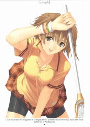 Rule 34 | 00s, 1girl, 2005, arm up, bike shorts, blush, breasts, brown hair, cleavage, dengeki hime, grey eyes, highres, lacrosse, large breasts, leaning forward, looking at viewer, lossy-lossless, plaid, plaid skirt, scan, school uniform, short hair, shorts, shorts under skirt, simple background, skirt, smile, solo, tony taka, white background, wristband