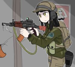 Rule 34 | 1girl, aks-74u, ammunition pouch, arrow (symbol), assault rifle, backpack, bag, baseball cap, black bra, black hair, blonde hair, blue eyes, blunt bangs, bra, breasts, bright pupils, brown bag, brown hat, buckle, chest rig, cleavage, collared jacket, commentary, cowboy shot, ear protection, emblem, english commentary, floating, floating object, folding stock, green eyes, green jacket, gun, gun sling, hand on own head, hat, holding, holding gun, holding magazine (weapon), holding weapon, holster, indoors, jacket, kalashnikov rifle, large breasts, long hair, long sleeves, looking ahead, magazine (weapon), magazine ejection, military jacket, motion lines, optical sight, original, patch, popped collar, poster (object), pouch, reflex sight, reloading, rifle, rustybilge, shoulder patch, smoke, smoking gun, snap-fit buckle, solo focus, star (symbol), straight hair, suppressor, tape, underwear, watch, weapon, white pupils, wristwatch, zipper