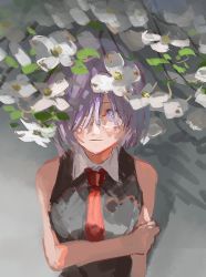 Rule 34 | 1girl, black shirt, breasts, collar, cowboy shot, fate/grand order, fate (series), flower, glasses, grabbing own arm, hair over one eye, large breasts, looking at viewer, mash kyrielight, necktie, purple eyes, purple hair, red necktie, shirt, sketch, solo, ubwmitekure, white collar
