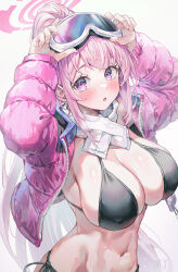 Rule 34 | 1girl, :o, arms up, bikini, black bikini, blue archive, blush, commentary, eimi (blue archive), eimi (swimsuit) (blue archive), goggles, goggles on head, highres, jacket, long sleeves, myung yi, navel, open clothes, open jacket, parted lips, pink eyes, pink hair, pink jacket, ponytail, revision, scarf, solo, stomach, swimsuit, upper body, white scarf