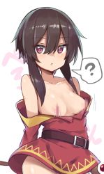 Rule 34 | 1girl, :o, ?, alternate breast size, areola slip, bad id, bad twitter id, bare shoulders, belt, belt buckle, blush, breasts, breasts out, brown belt, brown hair, buckle, censored, censored nipples, chipa (arutana), cleavage, collarbone, commentary request, confused, dress, hair between eyes, highres, holding, holding staff, kono subarashii sekai ni shukufuku wo!, long hair, looking at viewer, medium breasts, megumin, motion lines, no bra, no panties, off shoulder, open mouth, parted lips, red dress, red eyes, short hair, short hair with long locks, sidelocks, simple background, smear frame, solo, speech bubble, spoken question mark, staff, translation request, wardrobe malfunction, white background