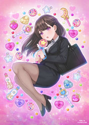 Rule 34 | 1girl, :o, artist name, bag, black bag, black footwear, black hair, black jacket, black pantyhose, blush, breasts, brown footwear, collared shirt, commentary request, formal, full body, gem, heart, high heels, highres, holding, holding staff, jacket, long hair, long sleeves, looking at viewer, medium breasts, multicolored background, office lady, open mouth, original, pantyhose, pencil skirt, pink background, pink eyes, shirt, shoes, shoulder bag, skirt, skirt suit, solo, soramame tomu, sparkle, staff, star (symbol), star in eye, suit, symbol in eye, tagme, white shirt, wing collar, winged staff