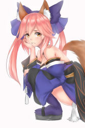 Rule 34 | 1girl, animal ears, bad id, bad pixiv id, bare shoulders, breasts, commentary request, fate/grand order, fate (series), fox ears, fox tail, frown, hair between eyes, highres, jmao, large breasts, long hair, looking at viewer, pink hair, pixiv fate/grand order contest 2, solo, tail, tamamo (fate), tamamo no mae (fate/extra), yellow eyes