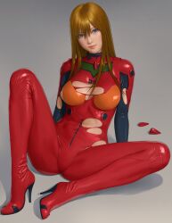Rule 34 | 1girl, adapted costume, alternate breast size, arm support, blue eyes, bodysuit, breasts, brown hair, closed mouth, commentary request, evangelion: 3.0+1.0 thrice upon a time, full body, hair between eyes, hair down, high heels, interface headset, long hair, looking at viewer, medium breasts, neon genesis evangelion, pilot suit, plugsuit, rebuild of evangelion, red bodysuit, simple background, sitting, smile, solo, souryuu asuka langley, spread legs, torn bodysuit, torn clothes, watanabe yasuaki