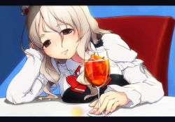 Rule 34 | 10s, 1girl, blush, boots, bow, bowtie, breasts, brown eyes, cup, drinking glass, fingernails, grey hair, hair between eyes, hat, highres, kantai collection, large breasts, letterboxed, lips, long hair, long sleeves, looking at viewer, mini hat, nakaaki masashi, parted lips, pola (kancolle), sitting, smile, solo, wavy hair, wine glass