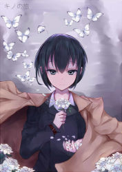 Rule 34 | 1girl, androgynous, black eyes, black hair, bug, butterfly, chinese commentary, coat, commentary request, donggua bing cha, flower, green jacket, bug, jacket, kino (kino no tabi), kino no tabi, overcoat, petals, reverse trap, short hair, solo, tomboy