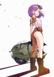 Rule 34 | 1girl, absurdres, ass, asymmetrical clothes, asymmetrical pants, bandaid, bandaid on face, bandaid on knee, bandaid on leg, blush, boots, bow, breasts, bulma, commentary request, dragon ball, dragon ball (classic), elbow pads, gloves, goggles, goggles around neck, gun, hair bow, hand on own hip, highres, holding, holding weapon, huge filesize, itou kazuki, looking away, looking back, machine gun, medium breasts, medium hair, motor vehicle, motorcycle, parted lips, ponytail, purple eyes, purple hair, shadow, short sleeves, side ponytail, smile, solo, standing, thighs, weapon, white background
