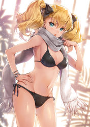 Rule 34 | 1girl, bikini, black bikini, black bow, black ribbon, blonde hair, blue eyes, bow, bracelet, breasts, cleavage, commentary request, cowboy shot, grey scarf, hagure keg, hair between eyes, hair bow, hand on own hip, hand up, highres, jewelry, long hair, medium breasts, navel, open mouth, original, ribbon, scarf, side-tie bikini bottom, solo, standing, stomach, swimsuit, twintails, upper body
