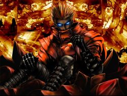 Rule 34 | 1boy, blonde hair, blue eyes, coat, epic, glasses, gloves, glowing, glowing eyes, high collar, long coat, male focus, manly, multicolored hair, no pupils, orange hair, red coat, red hair, short hair, solid eyes, solo, spiked hair, sunglasses, trigun, vash the stampede, wallpaper