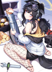 Rule 34 | 1girl, ammunition, animal ears, bare shoulders, black hair, black shorts, blue archive, blue eyes, blue nails, blush, breasts, cake, camisole, closed mouth, dog ears, dog girl, dog tail, eyewear on head, feet, fishnet pantyhose, fishnets, food, food on body, goggles, goggles on head, halo, hibiki (blue archive), highres, holding, holding food, hood, hooded jacket, jacket, long hair, long sleeves, looking at viewer, looking back, medium breasts, mortar (weapon), mortar shell, no shoes, off shoulder, open clothes, open jacket, pantyhose, screwdriver, shorts, sitting, solo, swiss roll, tail, taotao, twintails, wariza, wrench