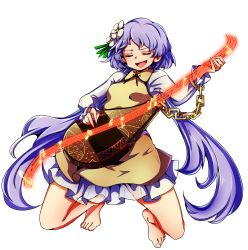 Rule 34 | 1girl, :d, absurdres, baba (baba seimaijo), bare legs, barefoot, beamed semiquavers, biwa lute, blush, breasts, chain, commentary request, crotchet, dress, closed eyes, flower, full body, hair flower, hair ornament, highres, instrument, kneeling, light purple hair, long hair, long sleeves, low twintails, lute (instrument), music, musical note, open mouth, petticoat, playing instrument, purple hair, quaver, see-through, semiquaver, sharp sign, shirt, short dress, small breasts, smile, solo, spread legs, staff (music), touhou, transparent background, treble clef, tsukumo benben, twintails, very long hair, white shirt, yellow dress