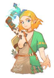 Rule 34 | 1girl, alternate costume, archaic set (zelda), arrow (projectile), belt, blonde hair, breasts, commentary, cowboy shot, english commentary, green eyes, hair ornament, hairclip, highres, holding, holding sword, holding weapon, looking at viewer, medium breasts, natnatart, nintendo, nipples, one breast out, pointy ears, princess zelda, quiver, shield, solo, sword, the legend of zelda, the legend of zelda: tears of the kingdom, weapon
