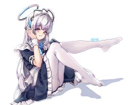Rule 34 | 2049 (hh5566), alternate costume, blue archive, knees together feet apart, long hair, looking at viewer, maid, maid headdress, noa (blue archive), pantyhose, purple eyes, simple background, white background, white hair, white pantyhose