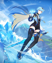 Rule 34 | 1girl, absurdres, black footwear, black gloves, blue cape, blue hair, blue necktie, blue sky, boots, cape, closed mouth, eula (genshin impact), full body, genshin impact, gloves, headband, high heels, highres, holding, holding sword, holding weapon, ice, long sleeves, looking at viewer, necktie, short hair, sky, standing, sword, thigh boots, thighhighs, tingyu (490101957), water, weapon, yellow eyes