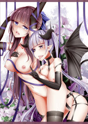 Rule 34 | 2girls, absurdres, anotoki ashi, bound, breast poke, breasts, brown hair, collarbone, demon girl, elbow gloves, flower, gloves, groping, hair ribbon, highres, horns, large breasts, lily (flower), lingerie, long hair, medium breasts, midriff, multiple girls, new game!, nipples, open mouth, poking, purple eyes, purple hair, pussy, ribbon, suzukaze aoba, takimoto hifumi, tearing up, tears, teasing, thighhighs, tied up, tongue, tongue out, twintails, underwear, wings, yuri