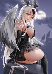 Rule 34 | 1girl, absurdres, ass, azur lane, black footwear, black gloves, boots, breasts, classic (zildjian33), dress, elbow gloves, gloves, hair between eyes, head wings, highres, large breasts, long hair, looking at viewer, night, official alternate costume, panties, red eyes, sao martinho (azur lane), sao martinho (the golden shadow) (azur lane), short dress, solo, thigh boots, thighs, underwear, very long hair, white hair, white wings, wings