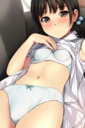Rule 34 | 1girl, absurdres, black hair, blush, bow, bow bra, bow panties, bra, breasts, brown eyes, closed mouth, clothes lift, couch, dress, dress lift, hair bobbles, hair ornament, highres, lifting own clothes, looking at viewer, lying, matsunaga kouyou, navel, nose blush, on back, on couch, original, panties, polka dot, polka dot bra, polka dot panties, puffy short sleeves, puffy sleeves, short sleeves, short twintails, small breasts, smile, twintails, underwear, white bra, white dress, white panties