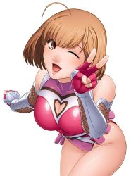 Rule 34 | 00s, 1girl, ahoge, bare shoulders, blush, breasts, brown eyes, brown hair, cameltoe, cleavage, cleavage cutout, clothing cutout, female focus, gloves, happy, heart cleavage cutout, heart cutout, highres, kokonoki nao, large breasts, legs, leotard, looking at viewer, one eye closed, open mouth, shiny skin, short hair, smile, solo, taimanin (series), taimanin asagi, taimanin asagi kessen arena, v, wink, yoimachi shuri
