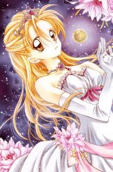 Rule 34 | 1990s (style), 1girl, alternate hair color, blonde hair, brown eyes, crown, dress, elbow gloves, flower, full moon, gloves, gown, half updo, jewelry, moon, necklace, night, official art, pointy ears, princess, retro artstyle, solo, suomi kyoko, suomi kyouko, tanemura arina, time stranger kyoko, traditional media, white dress