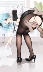 Rule 34 | 1boy, 1girl, anal, ass, ass cutout, ass focus, bar censor, bent over, black footwear, black hairband, black panties, black pantyhose, black skirt, blouse, blue hair, blush, breasts, censored, clothes lift, clothing aside, clothing cutout, contemporary, crotchless, crotchless pantyhose, dress shirt, erection, eula (genshin impact), folder, from behind, genshin impact, hairband, hetero, high heels, highres, holding, hyouuma, id card, imminent penetration, indoors, lanyard, large breasts, long sleeves, looking at viewer, looking back, medium hair, office lady, open mouth, out of frame, panties, panties aside, panties under pantyhose, pantyhose, pencil skirt, penis, picking up, purple eyes, see-through, see-through legwear, sex, sex from behind, shirt, skirt, skirt lift, solo focus, speech bubble, standing, surprised, testicles, thighs, thong, translated, underwear, white shirt, yellow eyes