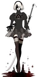 Rule 34 | 1girl, black dress, black hairband, black thighhighs, blindfold, boots, cleavage cutout, clothing cutout, dress, feather-trimmed sleeves, female focus, full body, gloves, hairband, high heels, juliet sleeves, long sleeves, mole, mole under mouth, nier (series), nier:automata, puffy sleeves, short hair, silver hair, solo, square enix, standing, sword, thigh boots, thighhighs, weapon, white background, 2b (nier:automata)