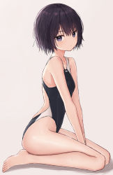 Rule 34 | 1girl, akipeko, back cutout, bare arms, bare shoulders, barefoot, between legs, black eyes, black hair, breasts, closed mouth, clothing cutout, collarbone, commentary request, competition swimsuit, expressionless, from side, highres, looking at viewer, looking to the side, one-piece swimsuit, original, short hair, sitting, small breasts, solo, swimsuit, thighs, v arms, wet