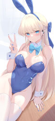 Rule 34 | 1girl, absurdres, animal ears, arm support, bare shoulders, blonde hair, blue archive, blue bow, blue eyes, blue leotard, blue nails, bow, bowtie, braid, breasts, breasts apart, cameltoe, closed mouth, covered navel, detached collar, earpiece, fake animal ears, hair bow, hairband, hand up, highleg, highleg leotard, highres, kuroida, large breasts, leotard, long hair, looking at viewer, nail polish, official alternate costume, playboy bunny, rabbit ears, sitting, skindentation, solo, strapless, strapless leotard, thigh gap, thighhighs, thighs, toki (blue archive), toki (bunny) (blue archive), v, very long hair, white thighhighs, wrist cuffs