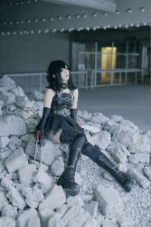 Rule 34 | asian, belt, black footwear, boots, choker, cosplay, cross-laced footwear, dress, edward scissorhands, edward scissorhands (cosplay), elbow gloves, gloves, goth fashion, knee boots, lace-up boots, long hair, makeup, pale skin, photo (medium), scissors, shoes, sitting, skirt, solo, thighhighs